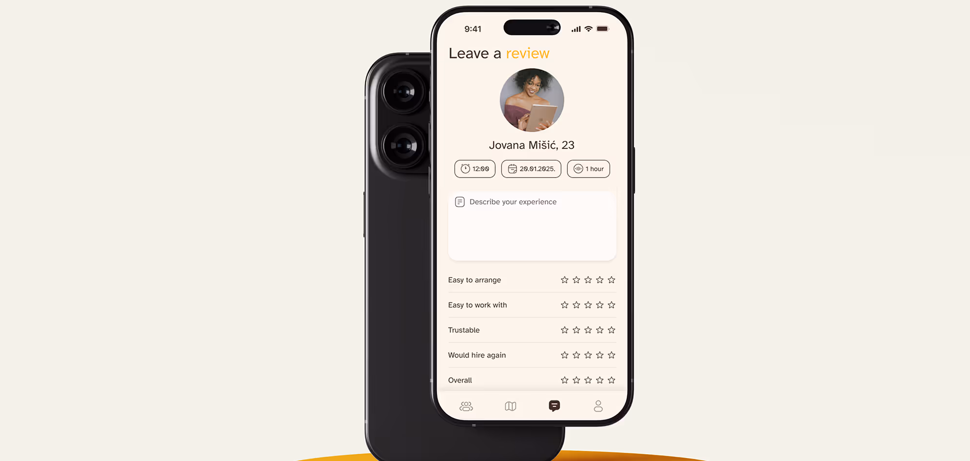 Smartphone displaying a review form with a profile photo of a woman, rating categories, and a text box to describe experience.